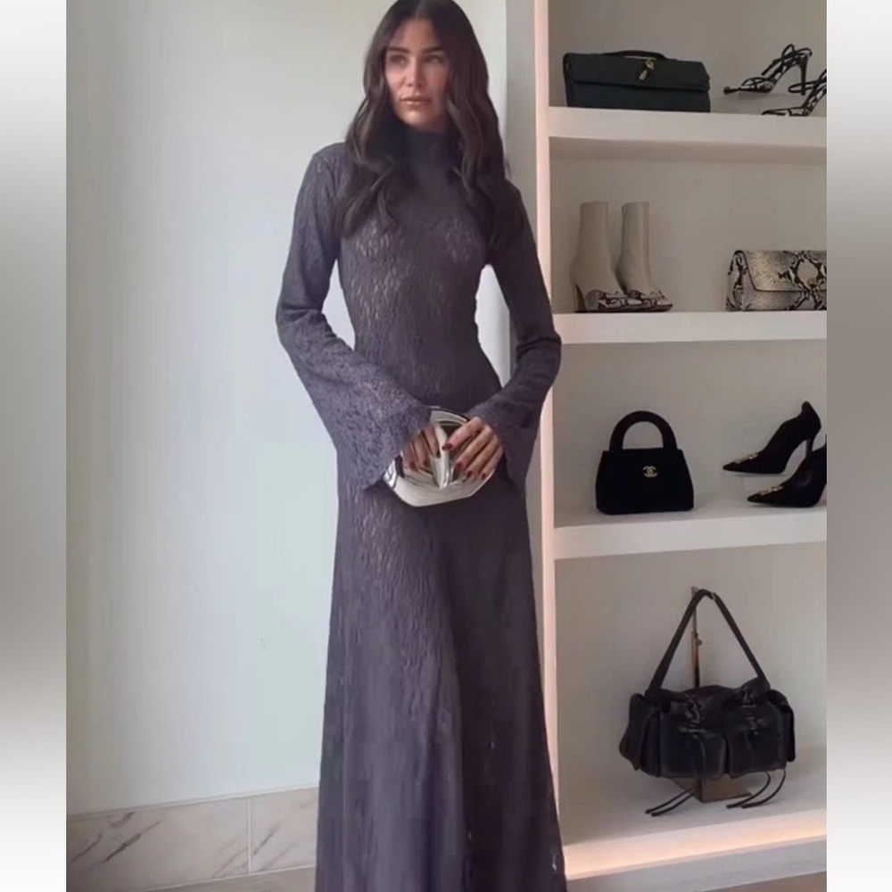 Zara Charcoal Gray Lace High-Neck Long-Sleeve Maxi Dress - Picture 7 of 7